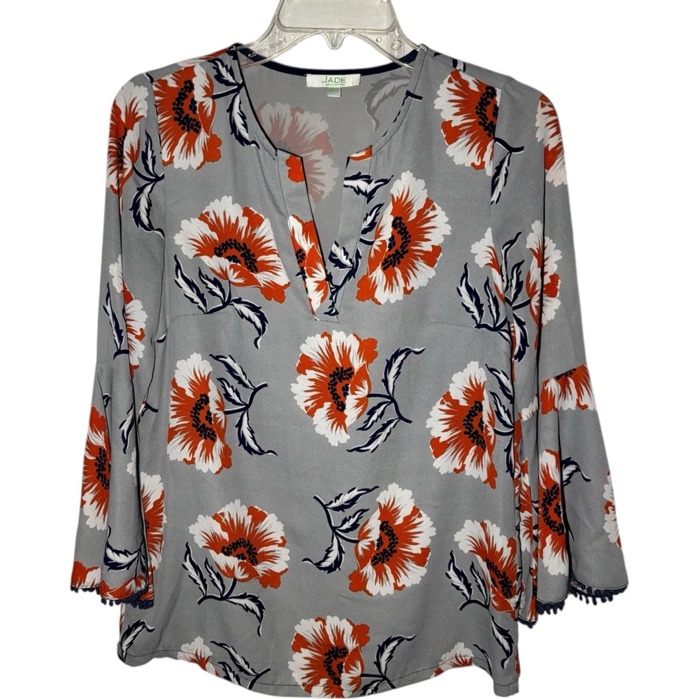 Jade Melody Tam Gray Floral Blouse Size XS Womens Boho Bell Sleeve Top
